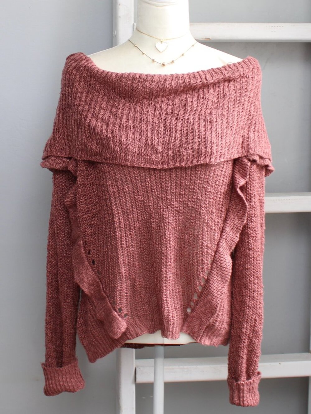 Say What? Oversize Ruffle Cowl Neck Across the Shoulders Knit Sweater sz Medium